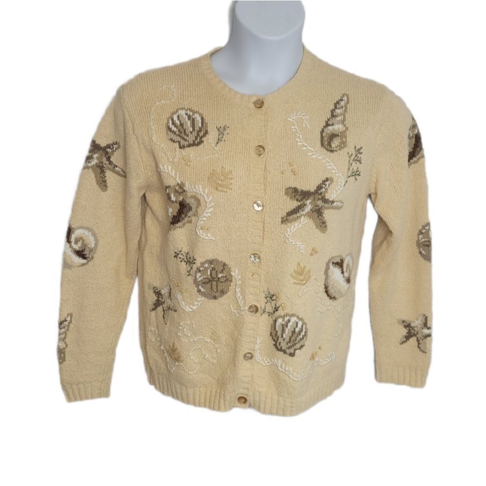 VINTAGE‎ 90s cardigan ivory shell beach button up beaded sweater S